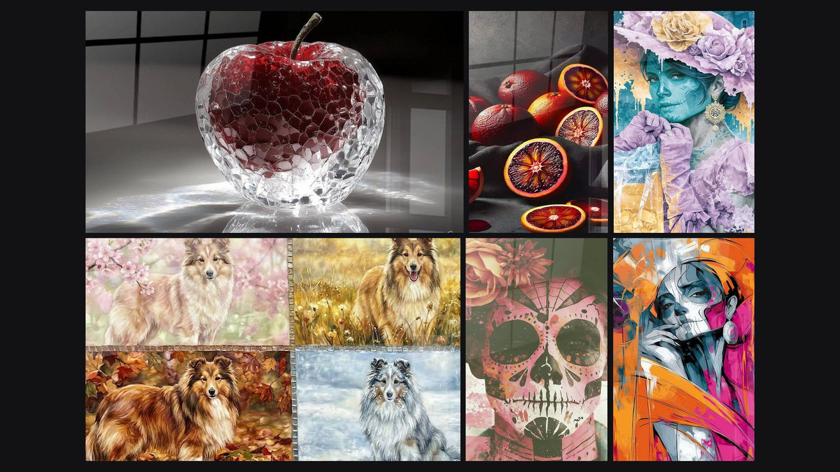 Mosaico de seis cuadros, entre ellos Manzana N°3, Resplandor Sanguíneo y Pastor de Shetland Estaciones