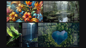 Mosaic of five paintings, including Botanical Rhapsody, Swampy Forest and Parrot Wall Art N°2