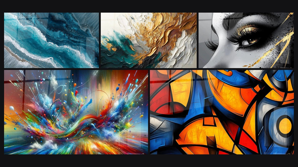Mosaico di cinque quadri, tra cui Traccia in Oro e Giada, Big Bang Artistico Brillante e Forme geometriche colorate di