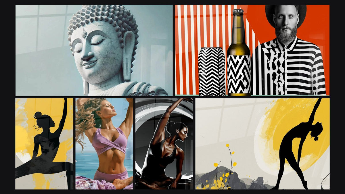 Mosaïque de six tableaux, dont Tranquillité Divine et Homme barbu chevrons orange et noir