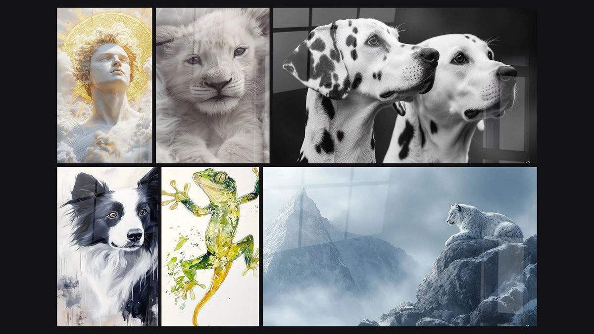 Mosaic of six paintings, including Dalmatian Wall Art N°6, Border Collie Wall Art No.1 and Salamander Wall Art No. 1