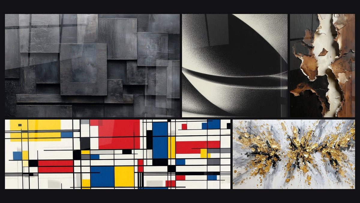 Mosaik aus fünf Gemälden, darunter Abstrakte Sphäre und Geometrische Komposition