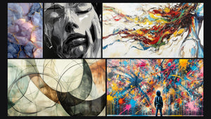 Mosaico de cinco cuadros, entre ellos Nubes Azules y Dorados con Vetas de Mármol, Rostro Mujer Abstracto y Musa Moderna