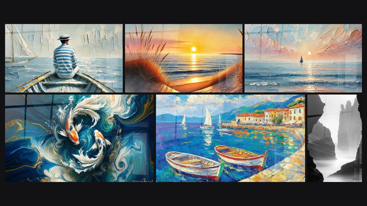 Mosaic of six paintings, including The Art of Water, When the Day Falls Asleep and Twilight Journey