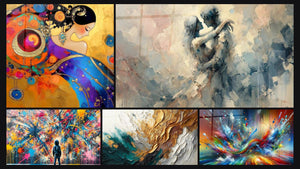 Mosaïque de cinq tableaux, dont Femme cosmique spirale, Éclats de Peinture et Entre Nous