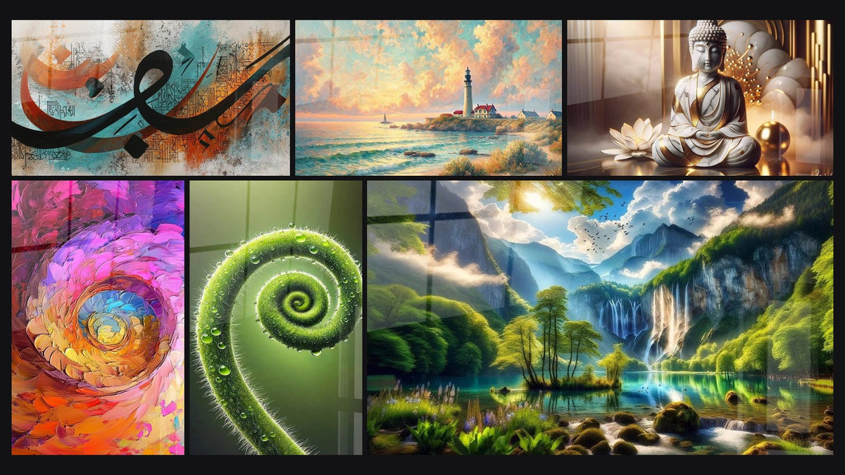 Mosaic of six paintings, including Modern Arabic Calligraphy, Multicolor Swirling Spiral and Dawn Over the Lighthouse