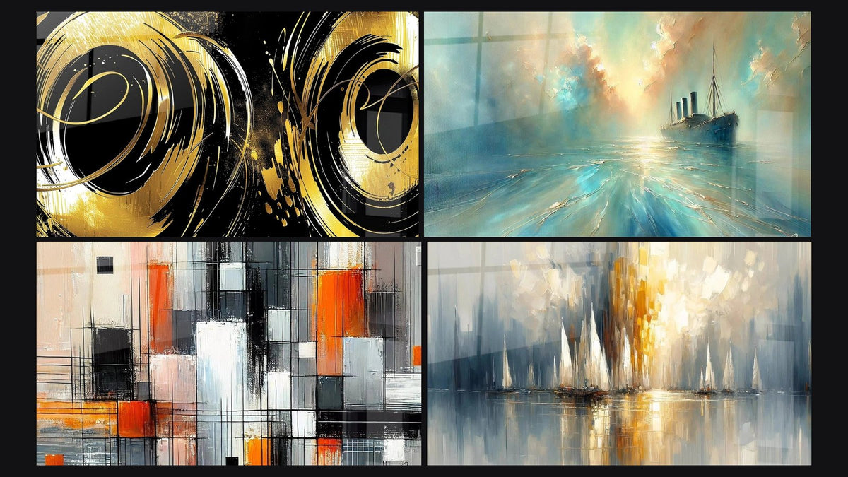 Mosaic of four paintings, including Heart of the Breeze, Mechanics of Colors and Dawn Over the Bay