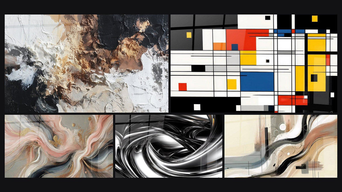 Mosaik aus fünf Gemälden, darunter Seideflüsse, Farbige geometrische Komposition und Sillage Abstrakt