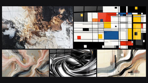 Mosaic of five paintings, including Silk Flows, Colorful geometric composition and Metallic Whirlpool