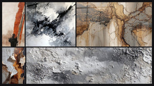 Mosaic of five paintings, including Gray and Silvered Mineral Abstract Texture
