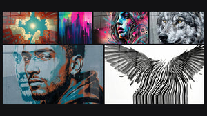 Mosaic of six paintings, including Vertical Vertigo Urban Red, Fluorescent Glow and Street Art Wall Art No. 1