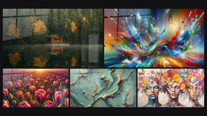 Mosaic of five paintings, including Cabin Artwork No. 1, Tulip Sea and Big Bang Artistic Dazzling