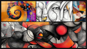 Mosaico de cuatro cuadros, entre ellos Espiral dorado colorido, Abstracto de rostro femenino y Abstracto Remolino