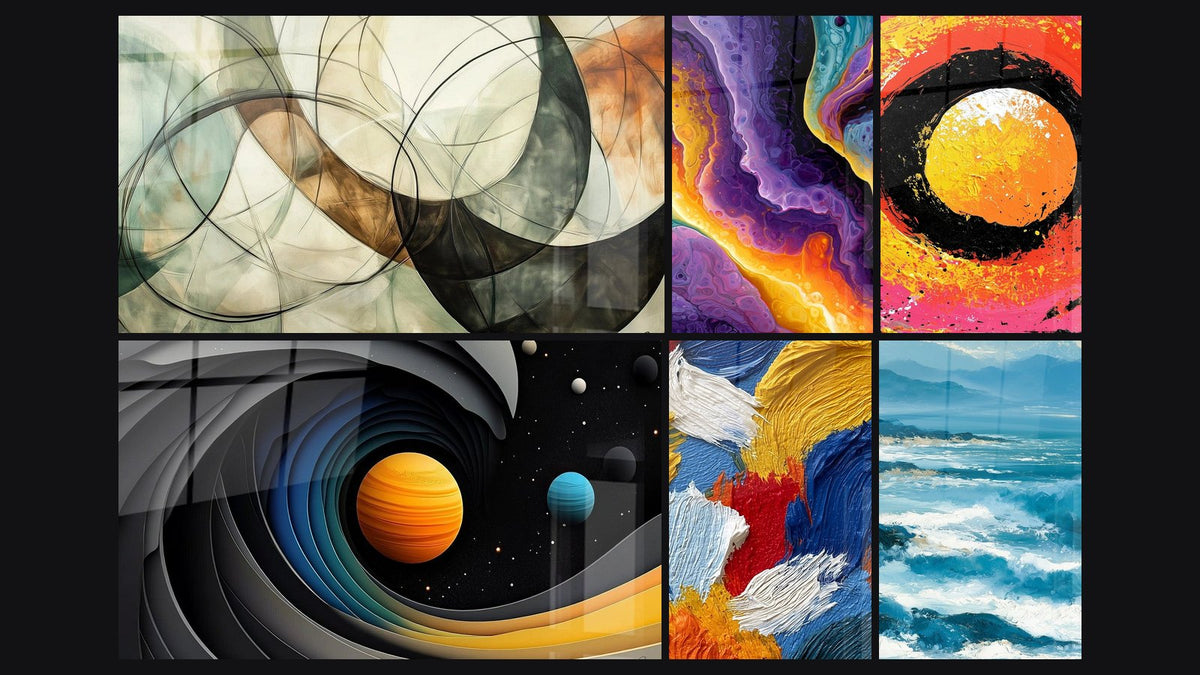 Mosaïque de six tableaux, dont Les Liens Invisibles, Galaxie Spirale Cosmique et Coulée marbrée violette et orange alvéolée