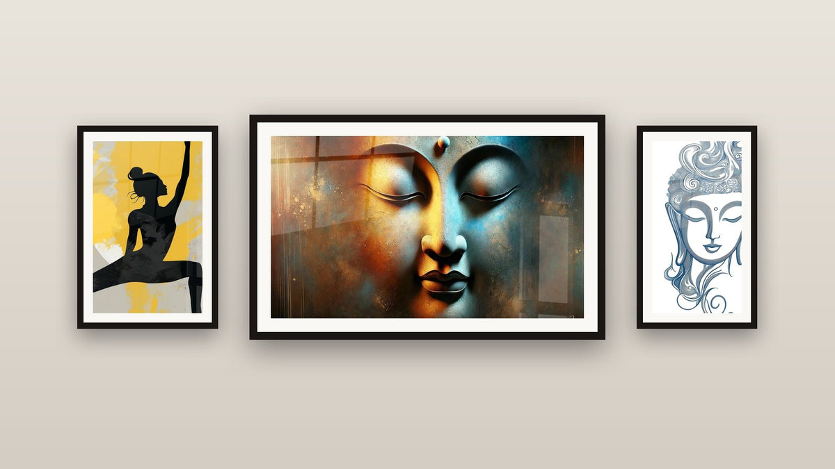 Gallery wall with three framed paintings, including Inner Light and Black Silhouette with Yellow Splashes
