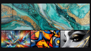 Mosaico de cuatro cuadros, entre ellos Abstracto Big Bang Explosivo, Formas geométricas coloridas y Ojo Lágrima de Oro