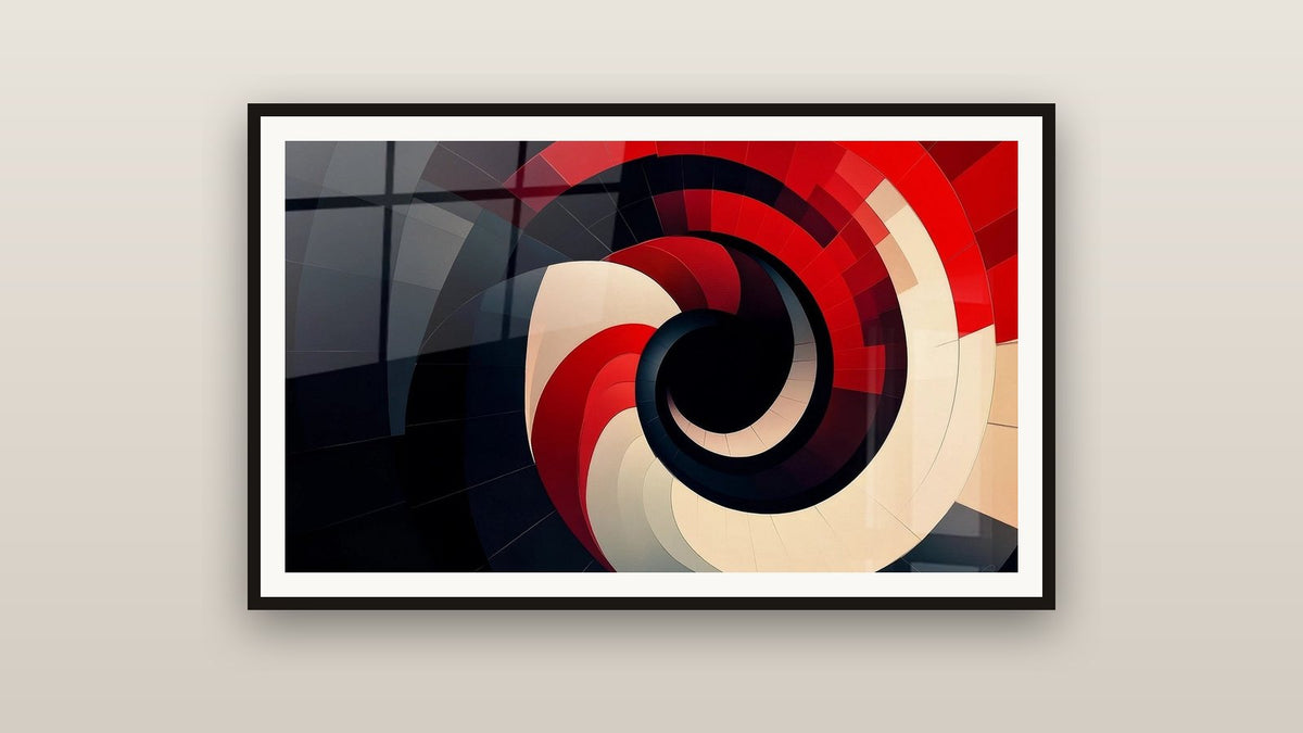 Tableau encadré sur un mur : Spirale géométrique rouge
