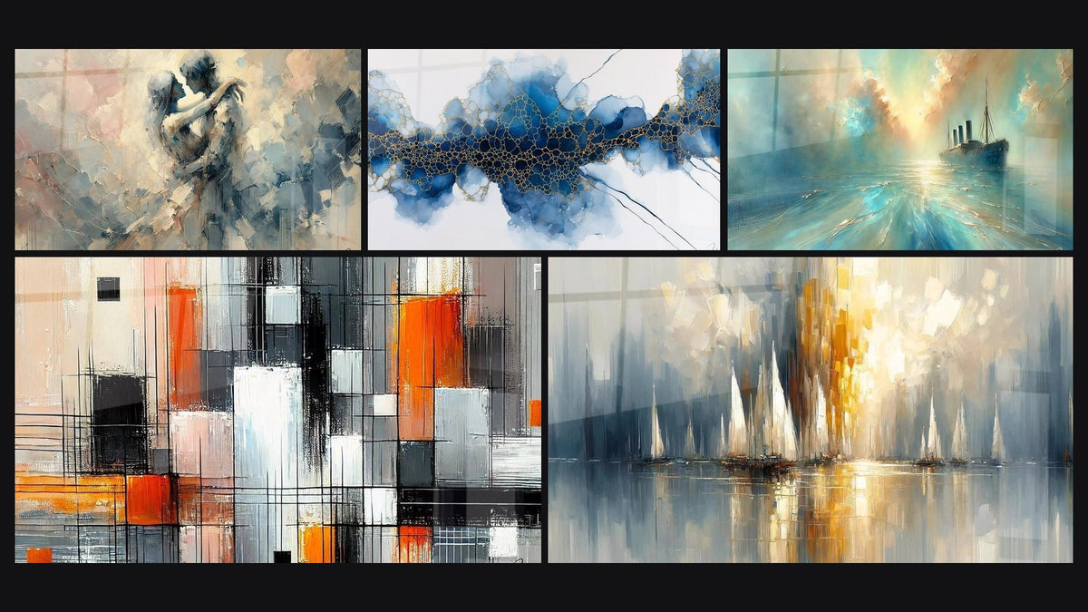 Mosaic of five paintings, including Between Us, Heart of the Breeze and Mechanics of Colors