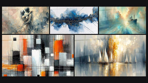 Mosaïque de cinq tableaux, dont Entre Nous, Au Cœur de la Brise et Mécanique des couleurs