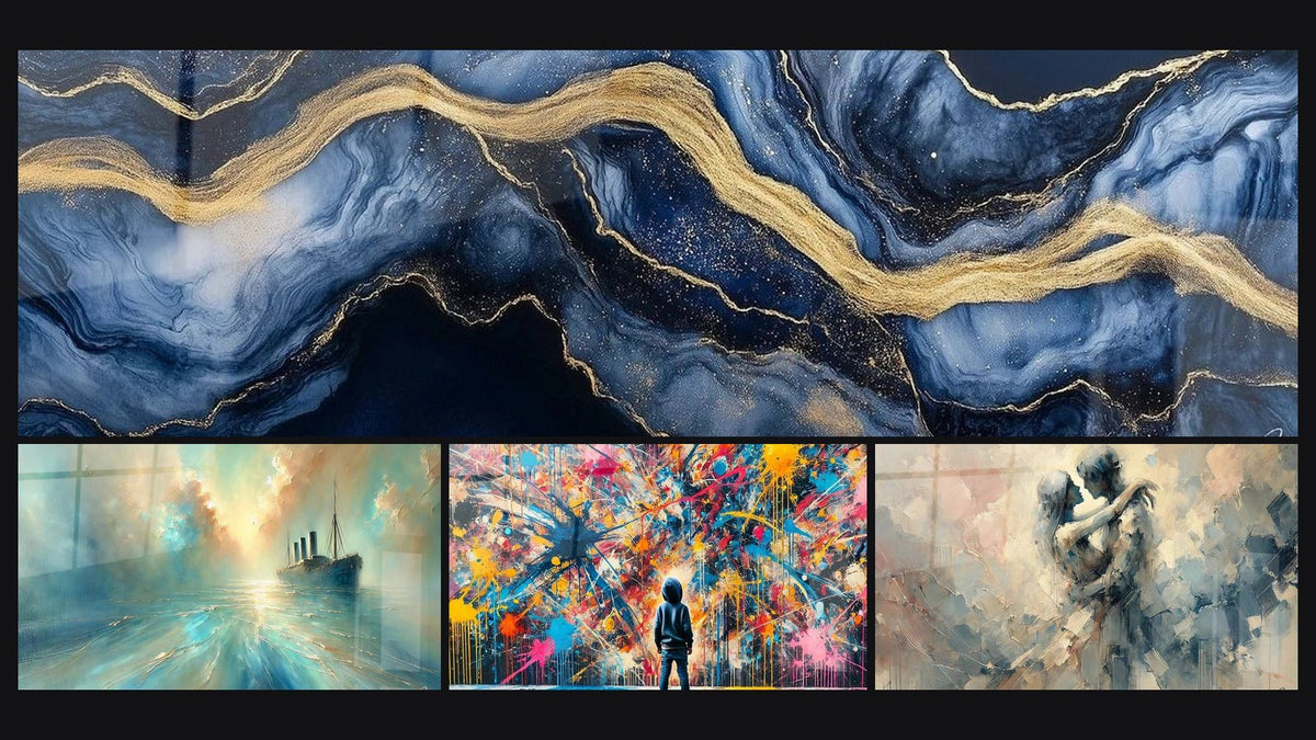 Mosaico di quattro quadri, tra cui Marmo Liquido Eternità Blu, Nel Cuore della Brezza e Schizzi di Pittura