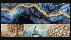 Mozaïek van vier schilderijen, waaronder Vloeibaar Marmer Eeuwigheid Blauw, Boom van Toen en De Kunst van Water