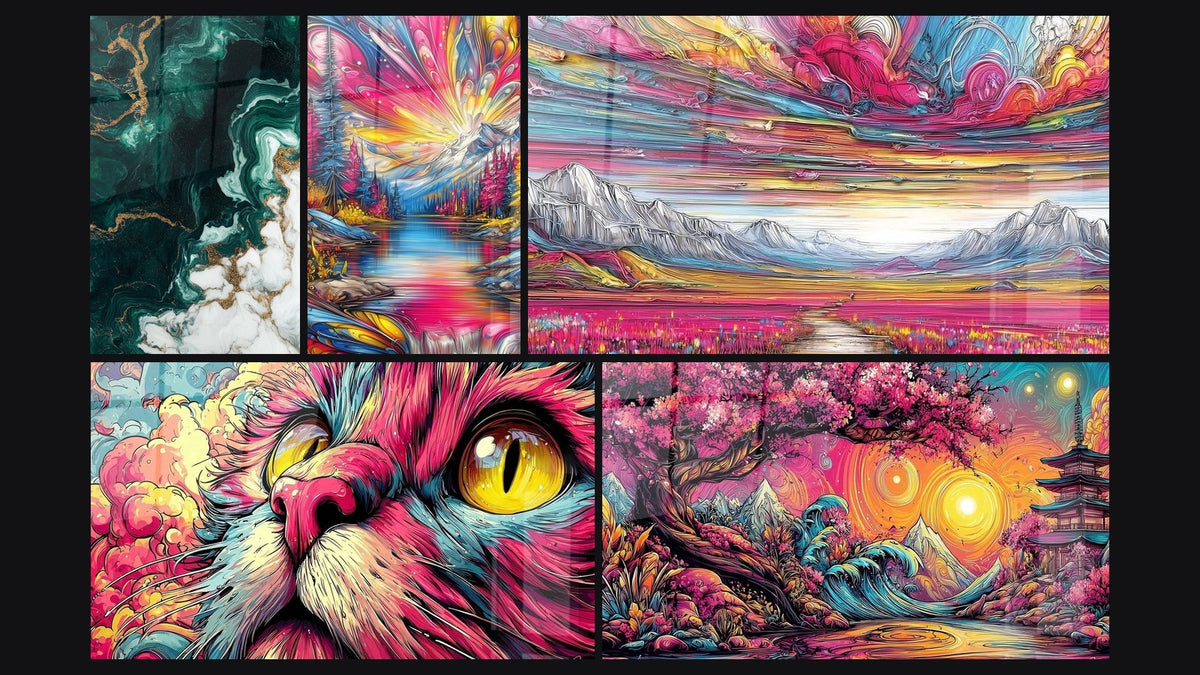 Mosaik aus fünf Gemälden, darunter Berglandschaft und Katze psychedelisch