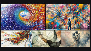 Mosaico de cinco cuadros, entre ellos Espiral cósmico multicolor, Musa Moderna y Los Lazos Invisibles