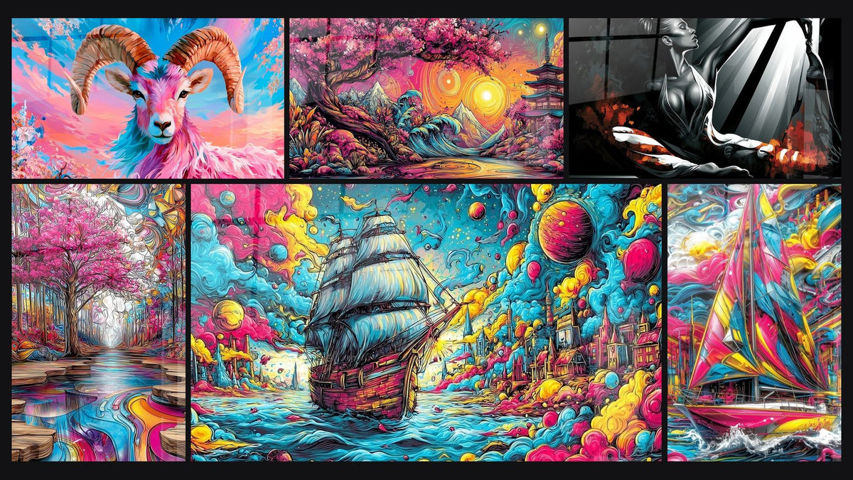 Mosaico de seis cuadros, entre ellos Paisaje japonés cerezos, Bosque psicodélico y Barco pirata