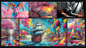 Mozaïek van zes schilderijen, waaronder Japans landschap kersenbloesems, Psychedelisch bos tafereel en Piratenschip