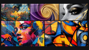 Mosaico de cinco cuadros, entre ellos Paisaje cósmico, Espiral dorado y violeta y Retrato mujer colorido