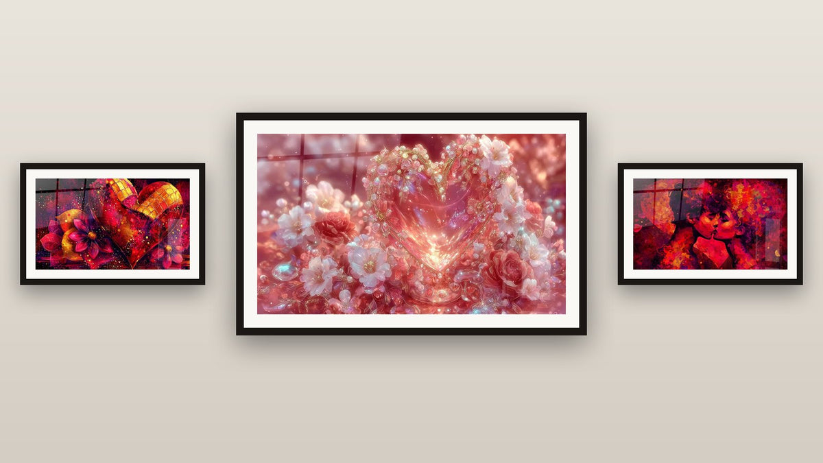 Gallery wall with three framed paintings, including Mosaic of Love Heart and Passionate Kiss Couple