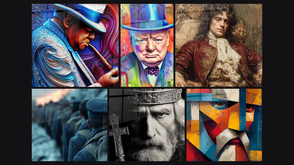 Mosaico di sei quadri, tra cui Winston Churchill Meandri Onirici e Ritratto Emozione Catturata