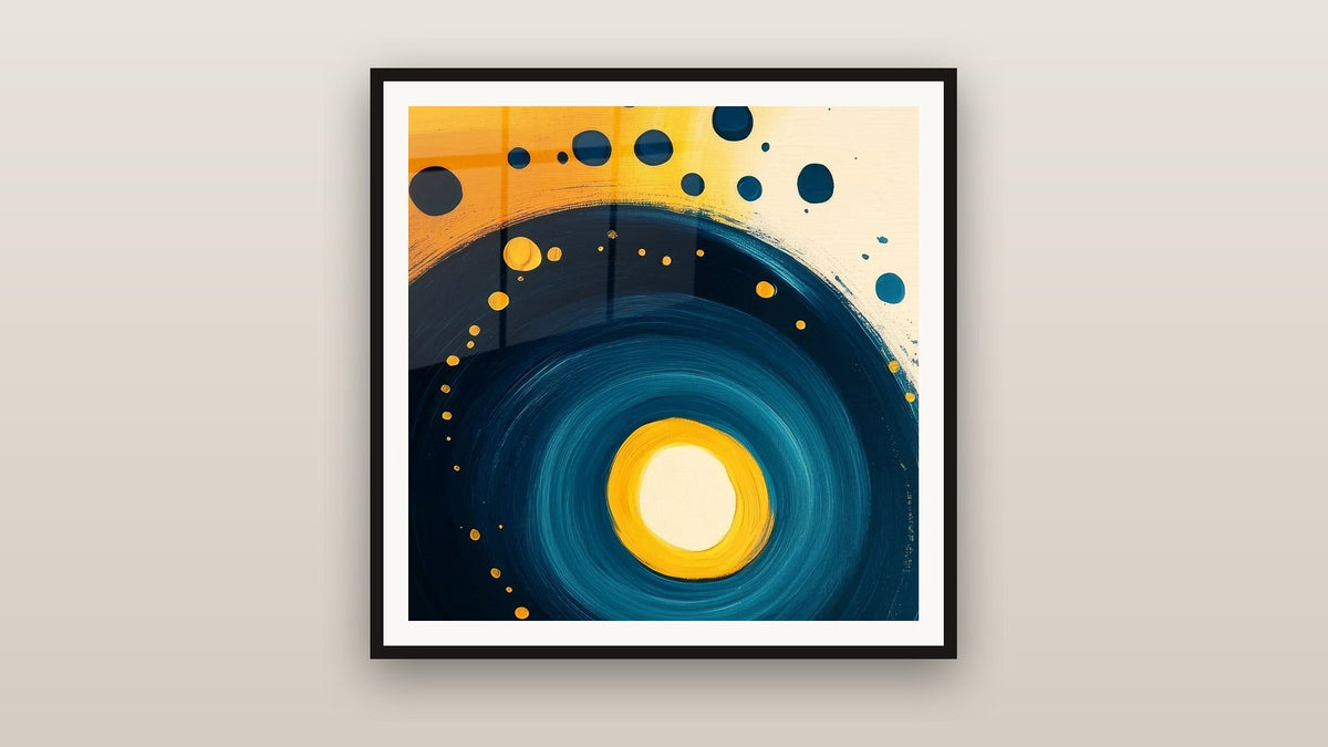 Quadro incorniciato su una parete: A spirale cosmica blu e arancione