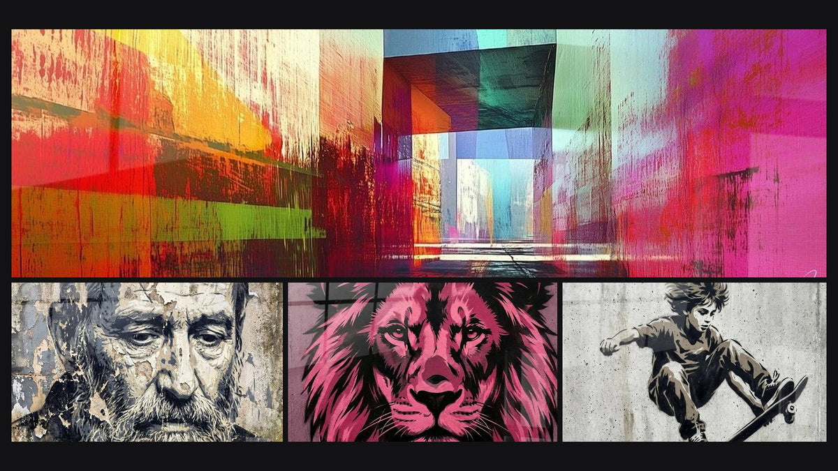 Mosaico di quattro quadri, tra cui Passaggio Cromatico e Leone rosa fucsia con toni violacei