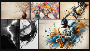 Mosaic of six paintings, including Natural Harmony, The Blooming Muses and The Break in Time