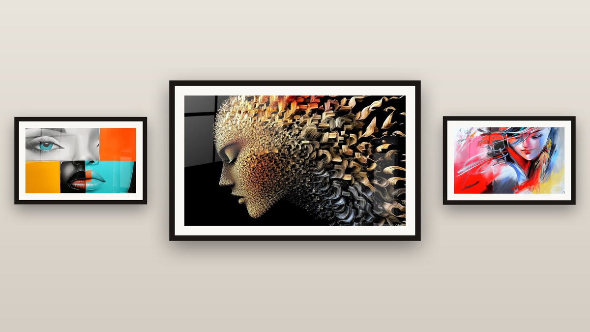Gallery wall with three framed paintings: Feminine Face, Woman Portrait Abstract and Fragmented Face