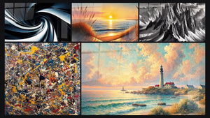 Mosaico de cinco cuadros, entre ellos Espiral dinámico negro y azul, Explosión de colores y Cuando el Día Duerme