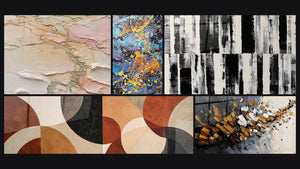 Mosaico de cinco cuadros, entre ellos Abstracto texturizado beige rosa dorado, Explosión de colores y Explosión dinámica