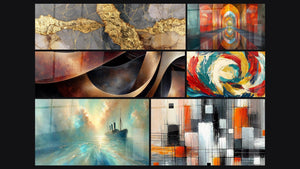 Mosaico de seis cuadros, entre ellos Sinuosidades Meditación Ocre, Arcos Brillantes Color Bermellón y Metamorfosis Cósmica