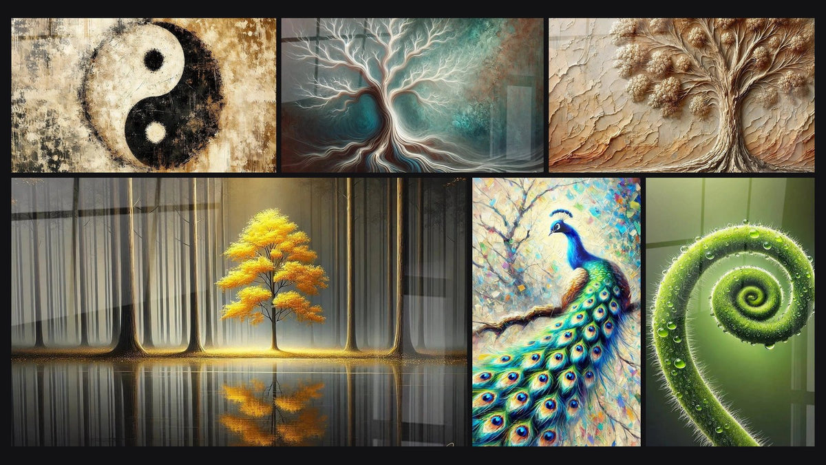 Mosaico di sei quadri, tra cui Fusione delle Energie, Armonia Effimera e Albero di Antan