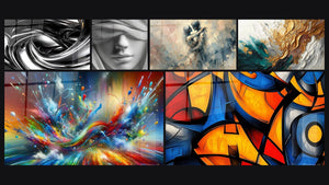 Mosaïque de six tableaux, dont Tourbillon métallique, Femme Voilée et Entre Nous