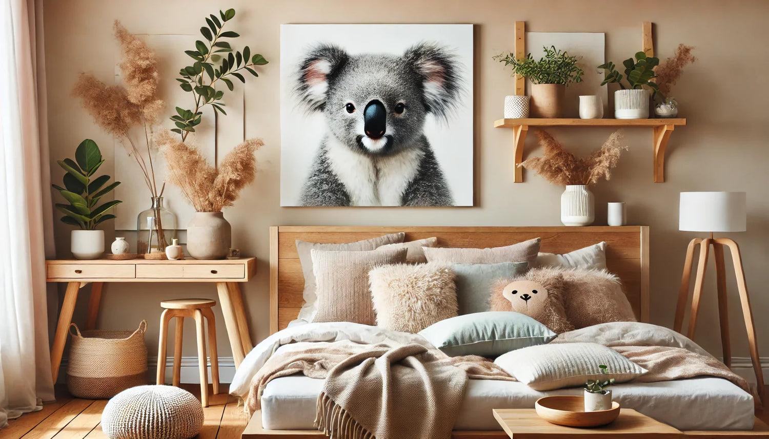 Tableau koala dans une chambre avec des éléments de mobilier en bois, des textiles doux et des accessoires naturels. L'œuvre d'art apporte une ambiance apaisante, idéale pour la relaxation et le bien-être dans une chambre moderne.
