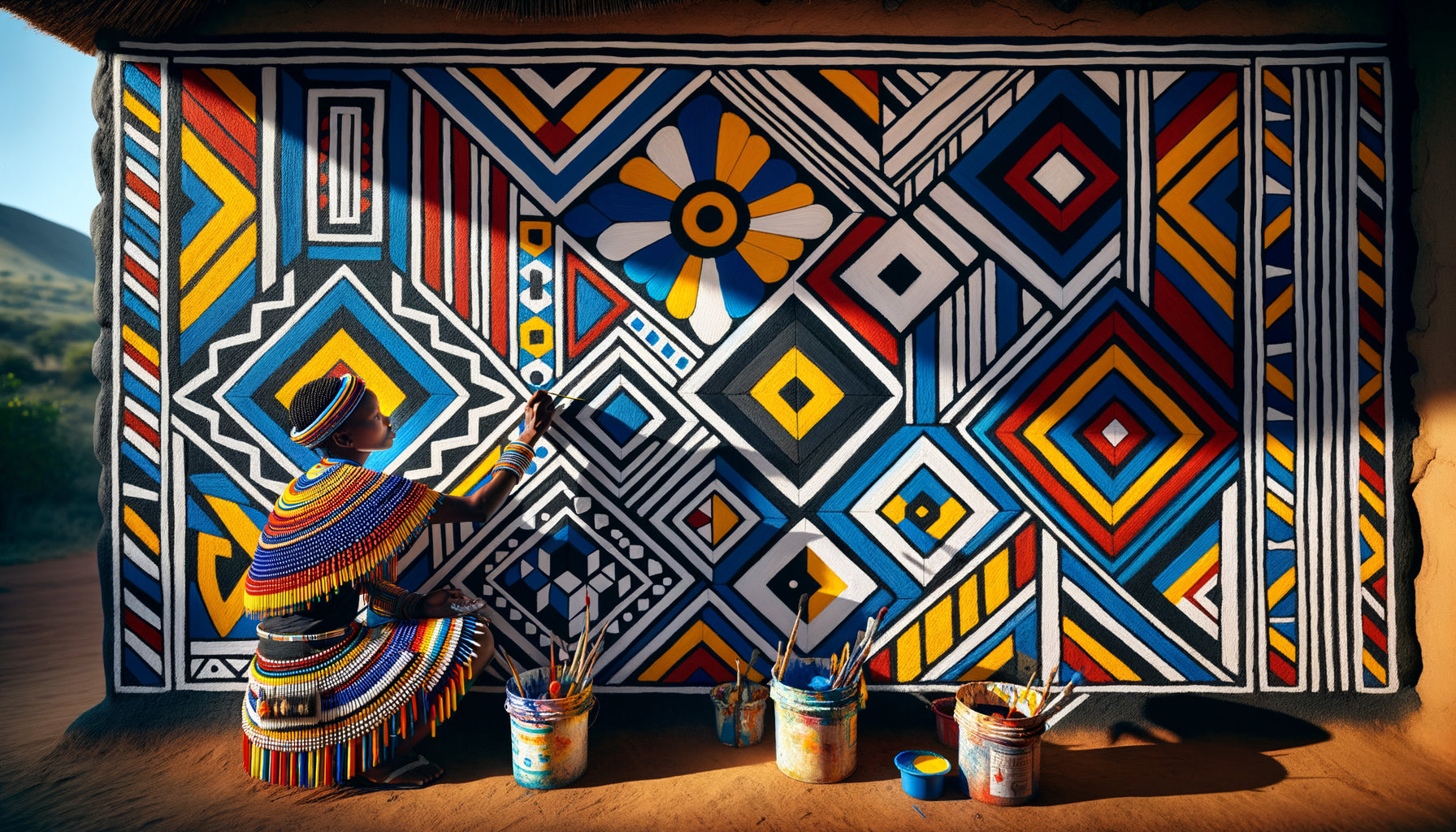 Femme Ndebele peignant des motifs géométriques traditionnels colorés sur un mur, transmission gestuelle ancestrale sans modèle écrit