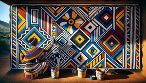 Femme Ndebele peignant des motifs géométriques traditionnels colorés sur un mur, transmission gestuelle ancestrale sans modèle écrit