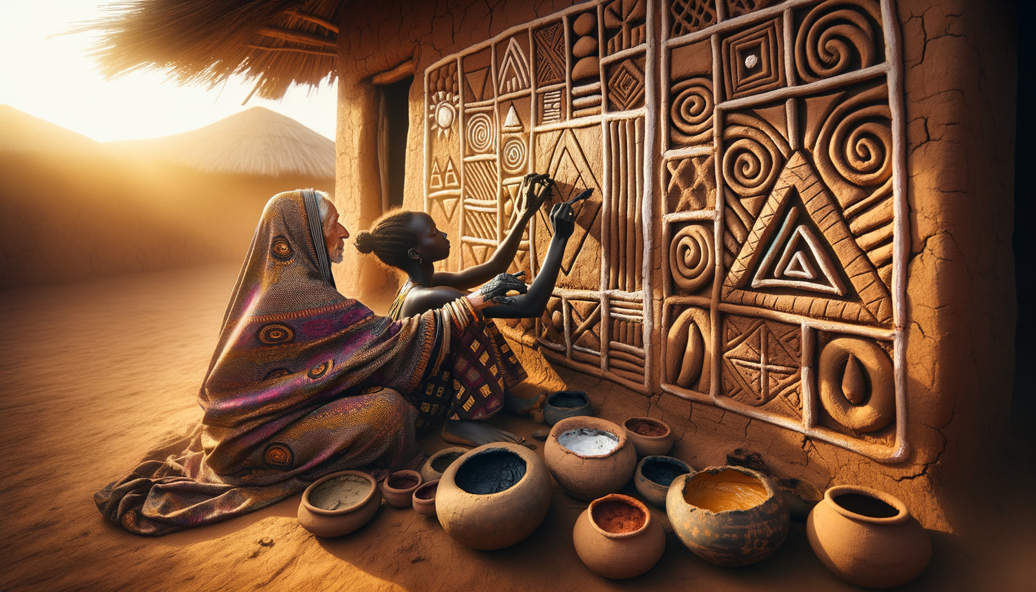 Femmes peules transmettant l'art ancestral de décoration murale avec pigments naturels sur architecture sahélienne traditionnelle