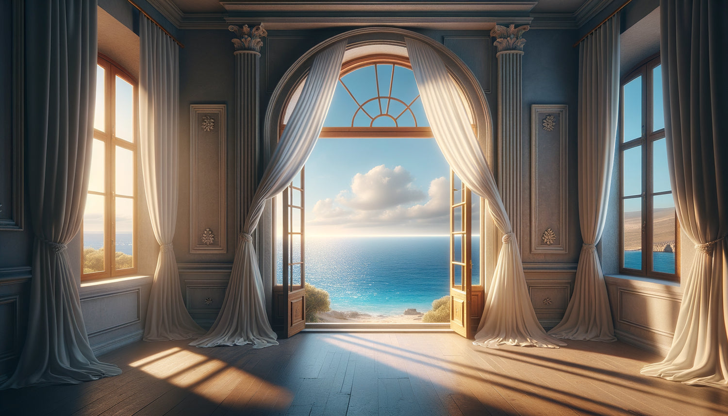Fenêtre architecturale encadrant une vue marine infinie créant une illusion de profondeur et d'espace lumineux