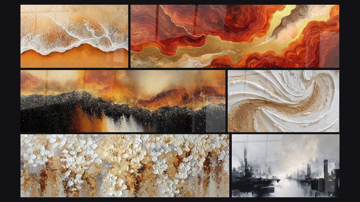 Mosaic of six paintings, including Golden Waves on Beach and Swirling Golden and Red