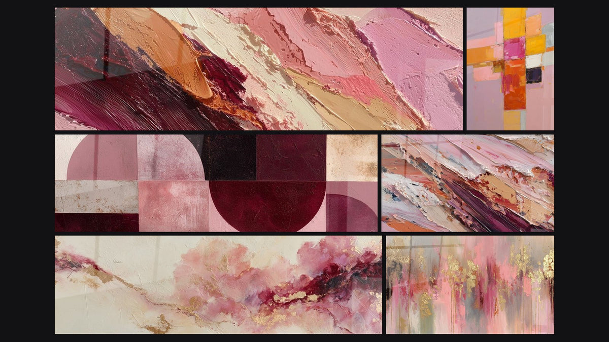 Mosaïque de six tableaux, dont Nuances roses et oranges abstraites et Abstrait aux nuances roses et dorées