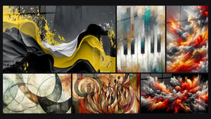 Mosaïque de six tableaux, dont Les Liens Invisibles, Danse des Silhouettes et Symphonie Urbaine en Clés Majeures