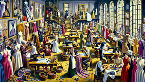 Peinture de figuration narrative années 1960 représentant un atelier de haute couture parisien avec couleurs vives et composition narrative